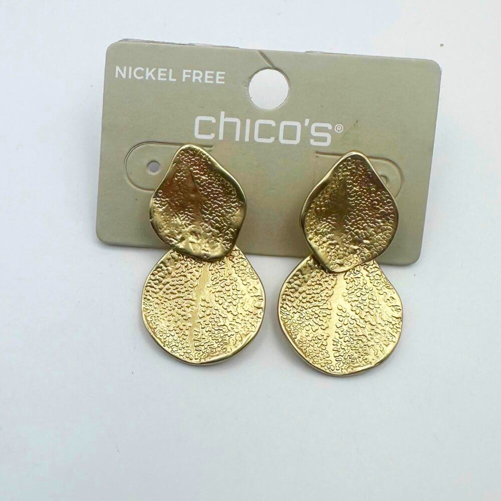 Chicos Bella 2 Drop Gold Leaf Earrings Boho Casual Nature Jewelry NWT Dangle